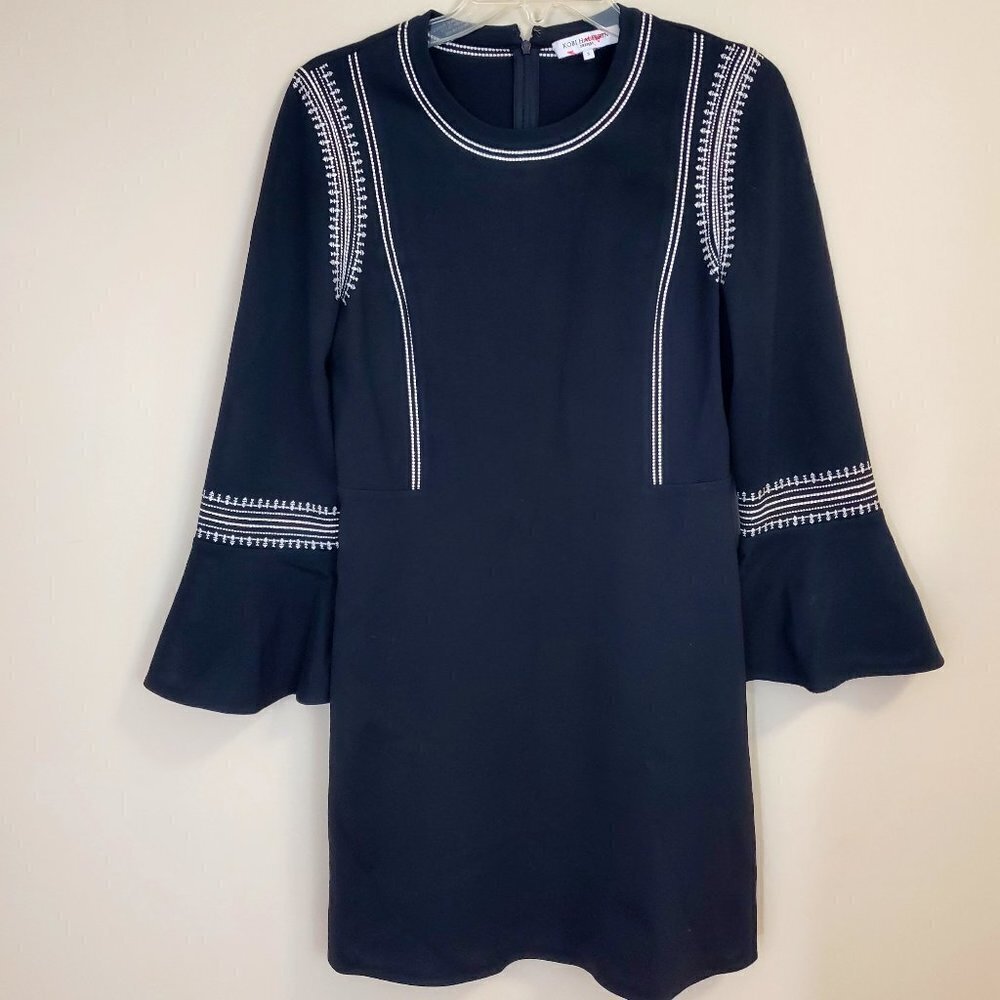 Kobi Halperin Dress Sz Small Bell Sleeve Stretch Knit Embroidered Above the Knee - Picture 3 of 7